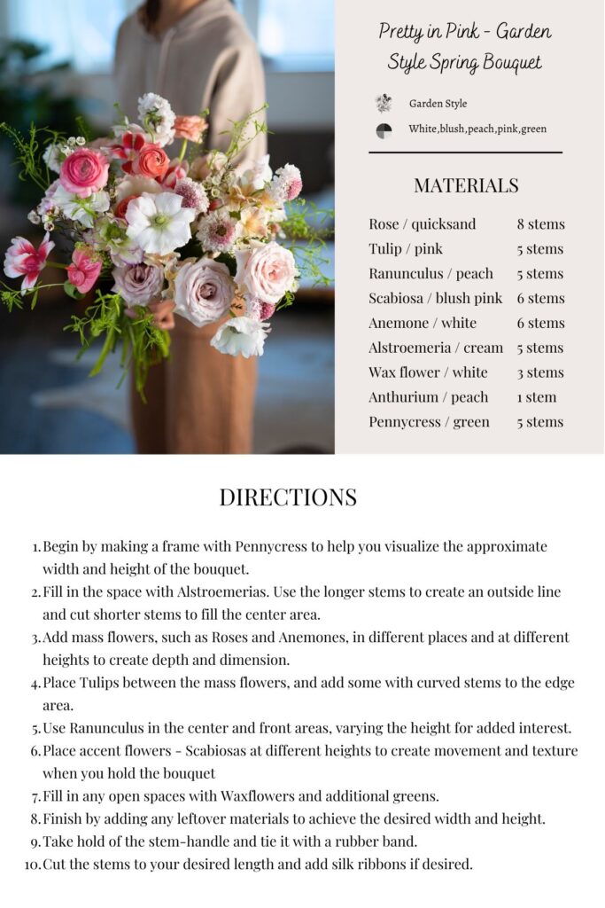 Garden style spring wedding bouquet recipe with Anemones, Ranunculus, Scabiosas, Tulips, Roses and Wax flower. 