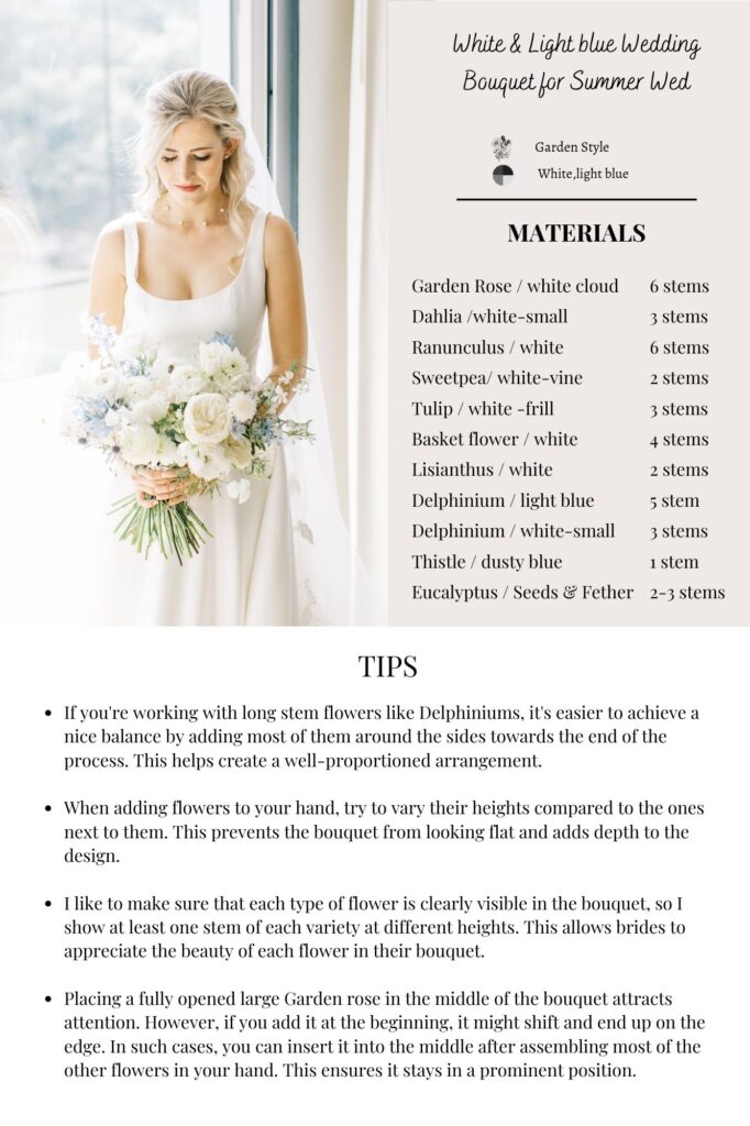 Bouquet Recipe, Summer White Wedding Bouquet with Light Blue